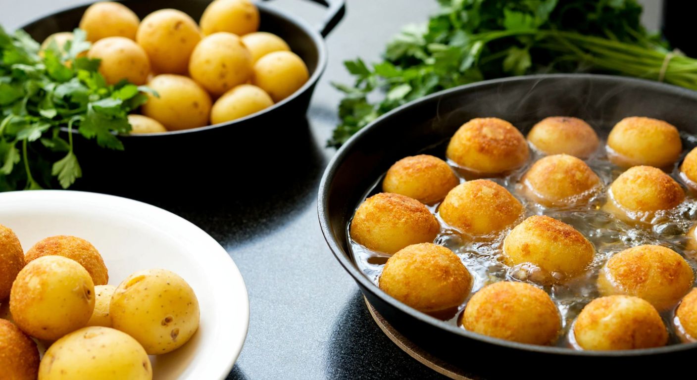 A warm Turkish kitchen with golden-brown potato balls sizzling in a deep pan of oil, surrounded by fresh herbs and a bowl of unpeeled potatoes boiling in a pot with steam rising.