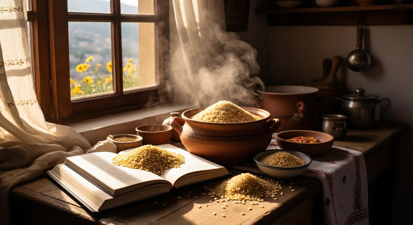 A rustic wooden table in a sunlit Turkish kitchen holds an open cookbook with golden bulgur grains spilling onto a handwoven cloth beside a steaming clay pot of pilaf.