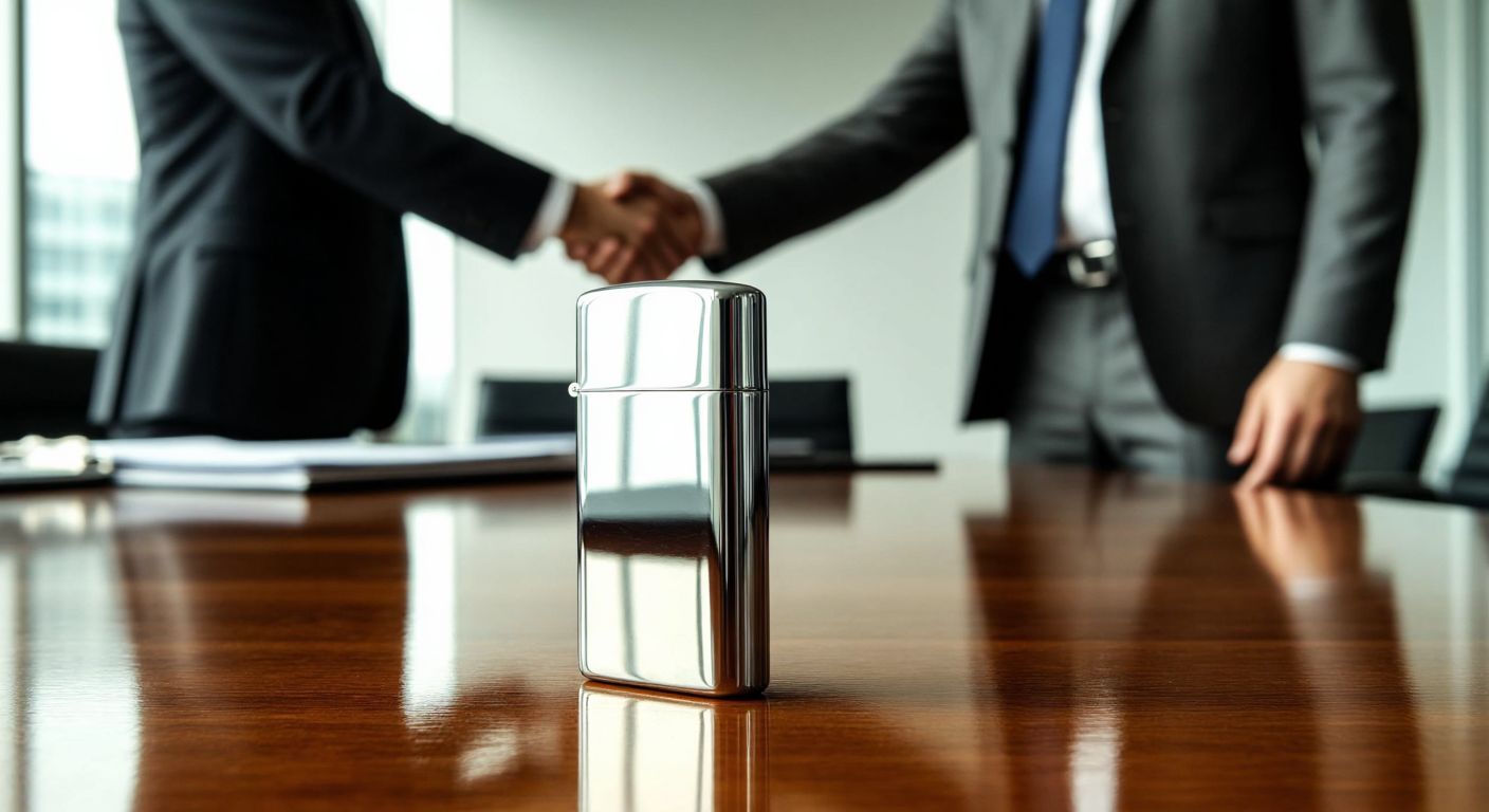A sleek, metallic Tokai lighter resting on a polished wooden table in a modern Turkish office, with a faint reflection of a businessman in a sharp suit shaking hands with another executive in the background.
