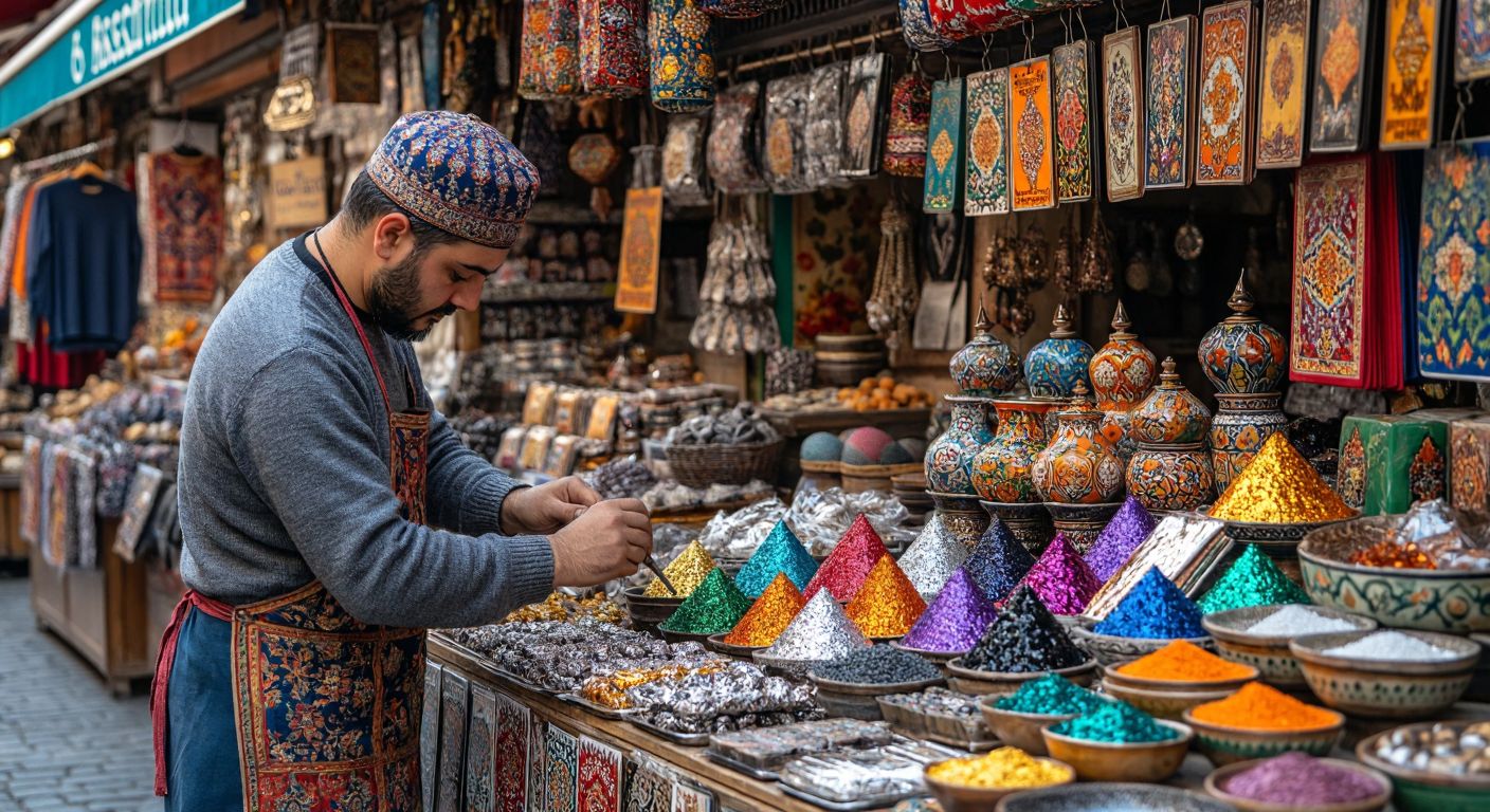 A vibrant Turkish bazaar stall displays colorful *baskes folyo* labels on shiny metal surfaces, clothing tags, and decorative store signs, with a craftsman carefully applying a foil design to a ceramic vase.