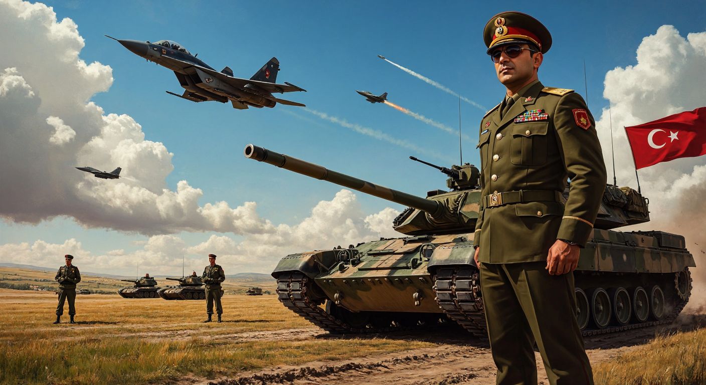 A proud Turkish military officer in a crisp uniform stands confidently beside a tank on a training field, while in the background, other officers engage in drills and a fighter jet streaks across the sky.