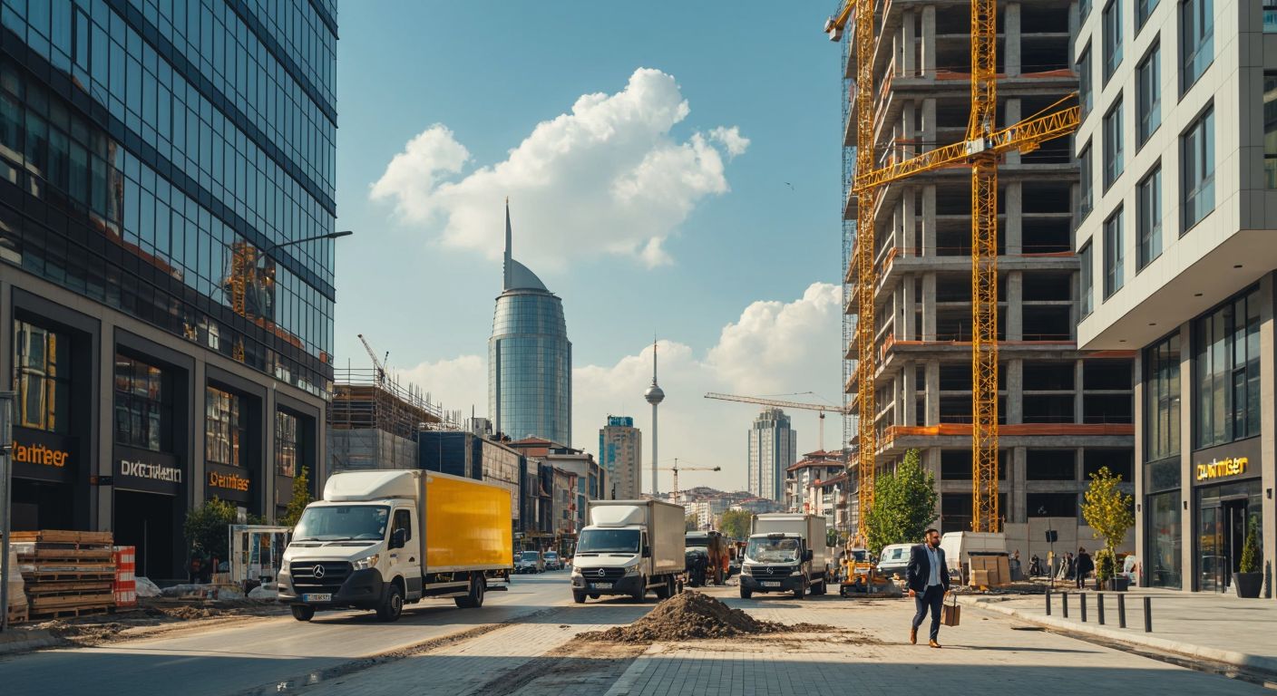 A bustling Turkish business district with a modern construction site, a logistics truck, a delivery van, and a confident actor walking past, all under a bright Istanbul sky.