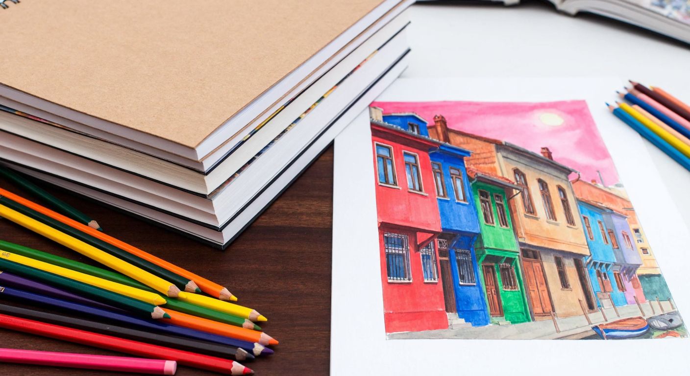A vibrant Turkish artist's workspace with a neatly stacked pile of sketchbooks in varying thicknesses (15, 25, 30, and 40 pages), surrounded by scattered colored pencils and a half-finished watercolor painting of Istanbul's colorful houses.