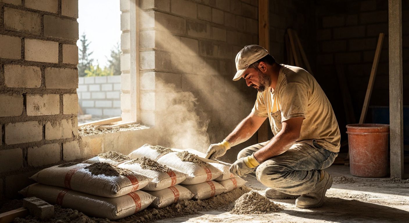 A Turkish construction worker in a dusty workshirt kneels beside a pile of lime plaster bags, measuring a thick layer of rough mortar on a brick wall with a trowel, under the warm glow of sunlight filtering through an unfinished window frame.