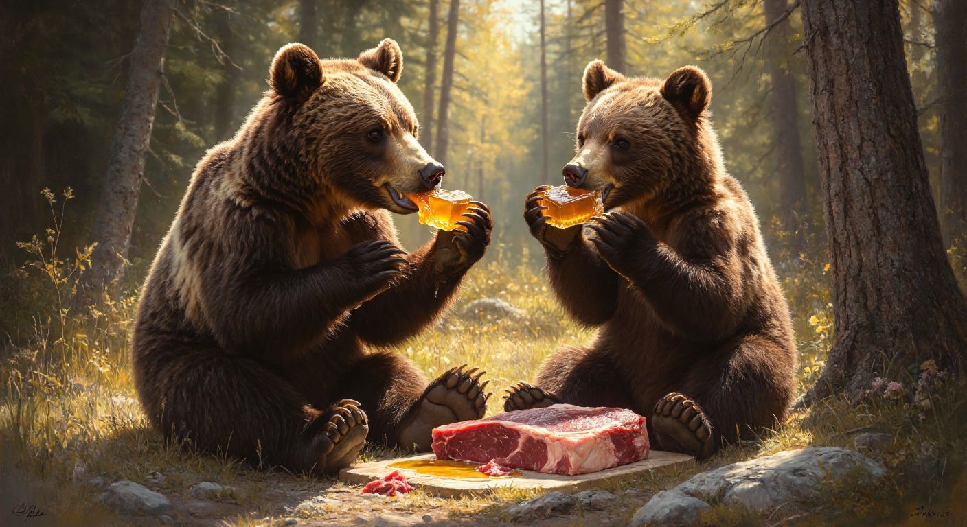 A pair of brown bear cubs happily licking honey off their paws while sitting near a chunk of fresh meat in a sunlit forest clearing.