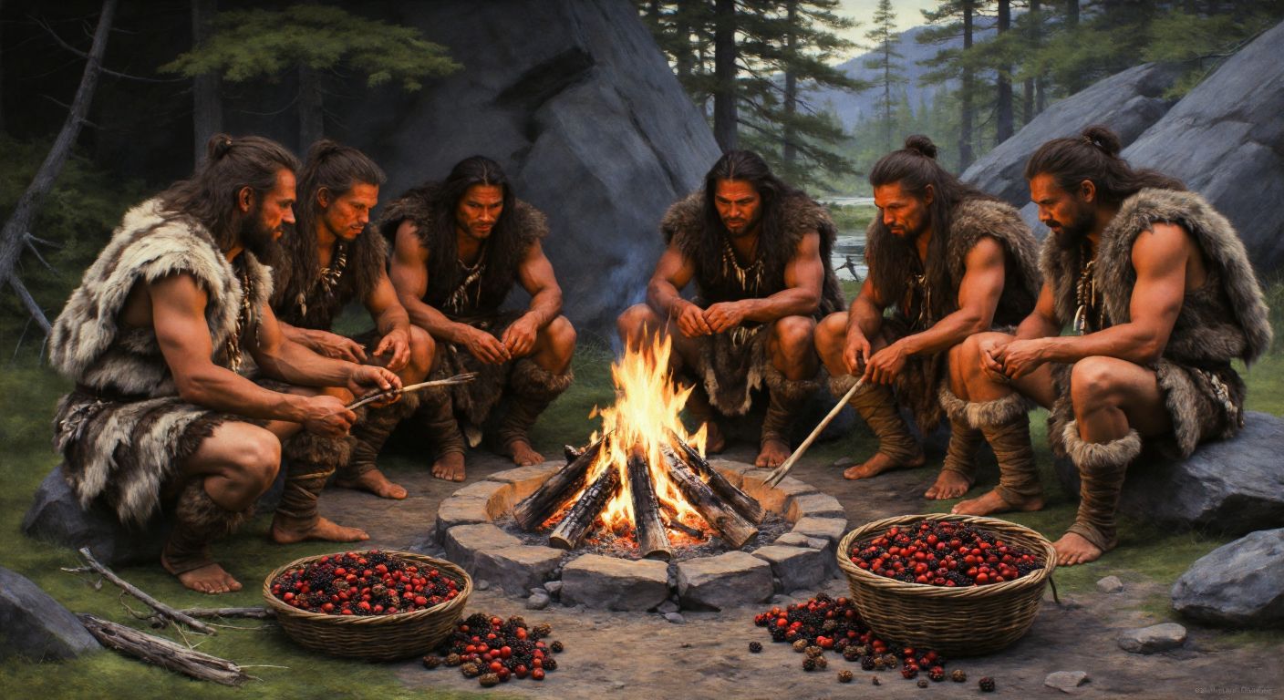 A group of prehistoric hunters in animal hides gather around a fire, roasting meat on sticks while wild berries and nuts spill from woven baskets nearby.