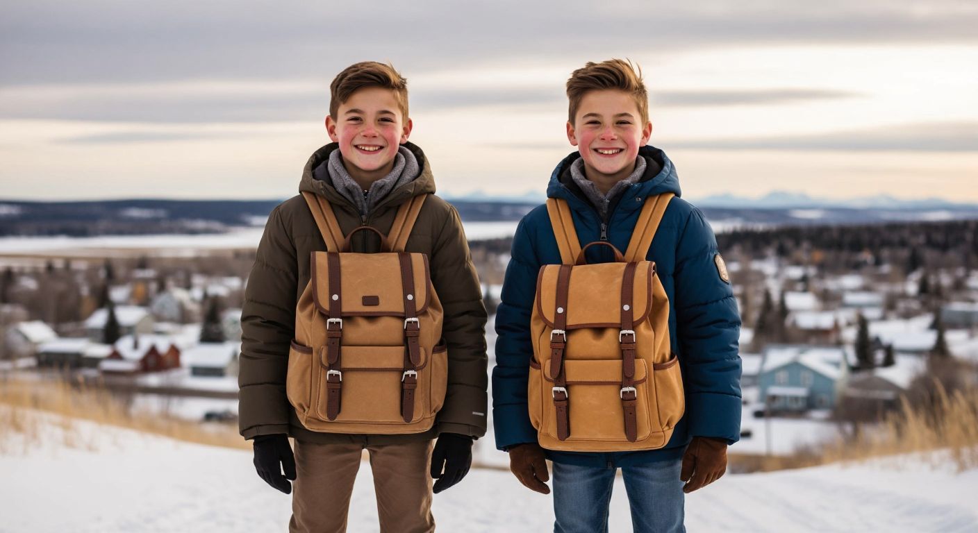 Two smiling brothers in cozy winter jackets stand proudly in a snowy Canadian town, holding stylish backpacks with the vast prairie landscape stretching behind them.