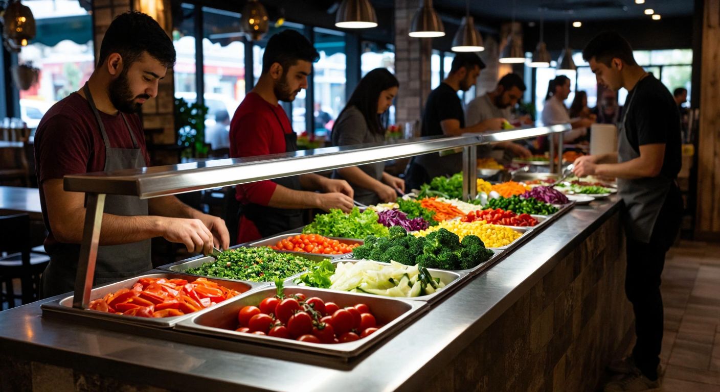 A stainless steel salad bar unit filled with fresh vegetables, colorful toppings, and dressings, placed in a bustling Turkish restaurant with customers eagerly assembling their plates.