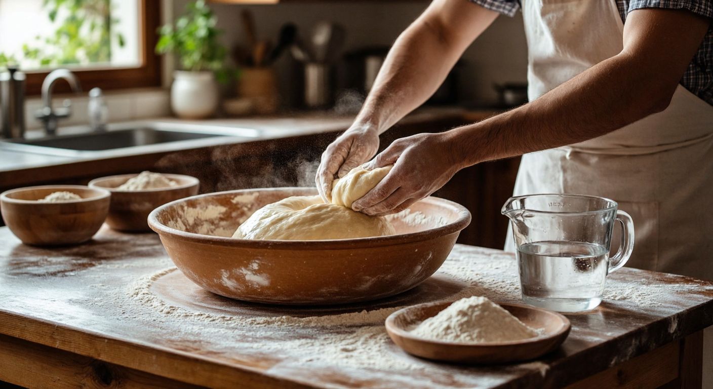 A warm Turkish kitchen with a wooden table covered in flour, a large bowl of dough being kneaded by hands, and a glass measuring cup filled with water nearby.