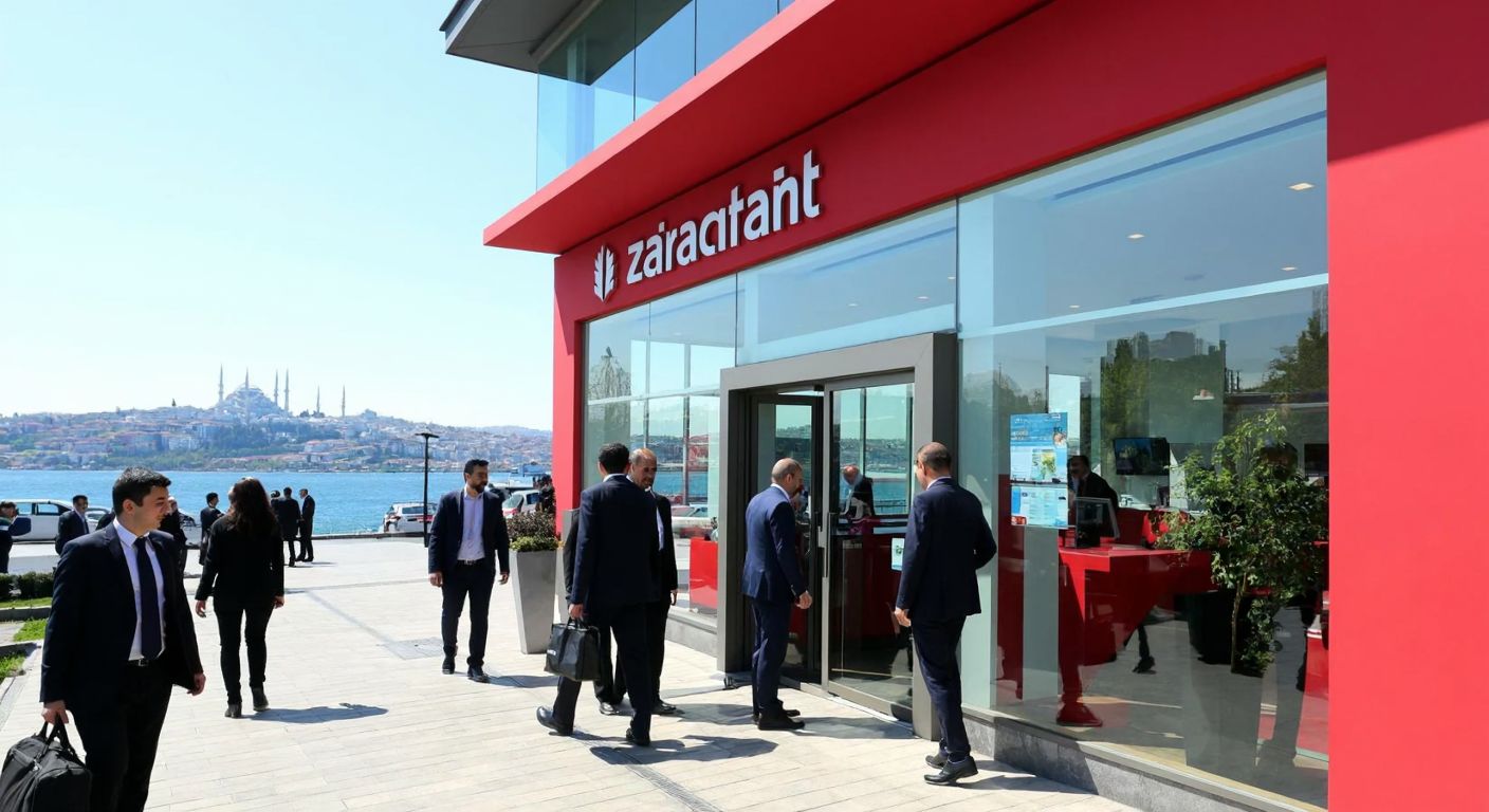 A modern Ziraat Bankası branch in Üsküdar, Istanbul, with a bustling street scene, people in business attire entering the building, and the iconic Bosphorus visible in the distance.