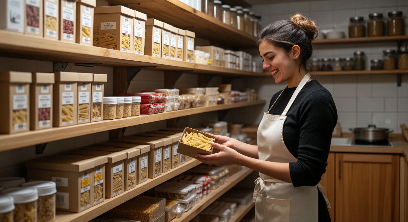 A neatly stacked pile of unopened pasta boxes in a cool, dry Turkish pantry, with a smiling woman in a kitchen apron checking the expiration dates.