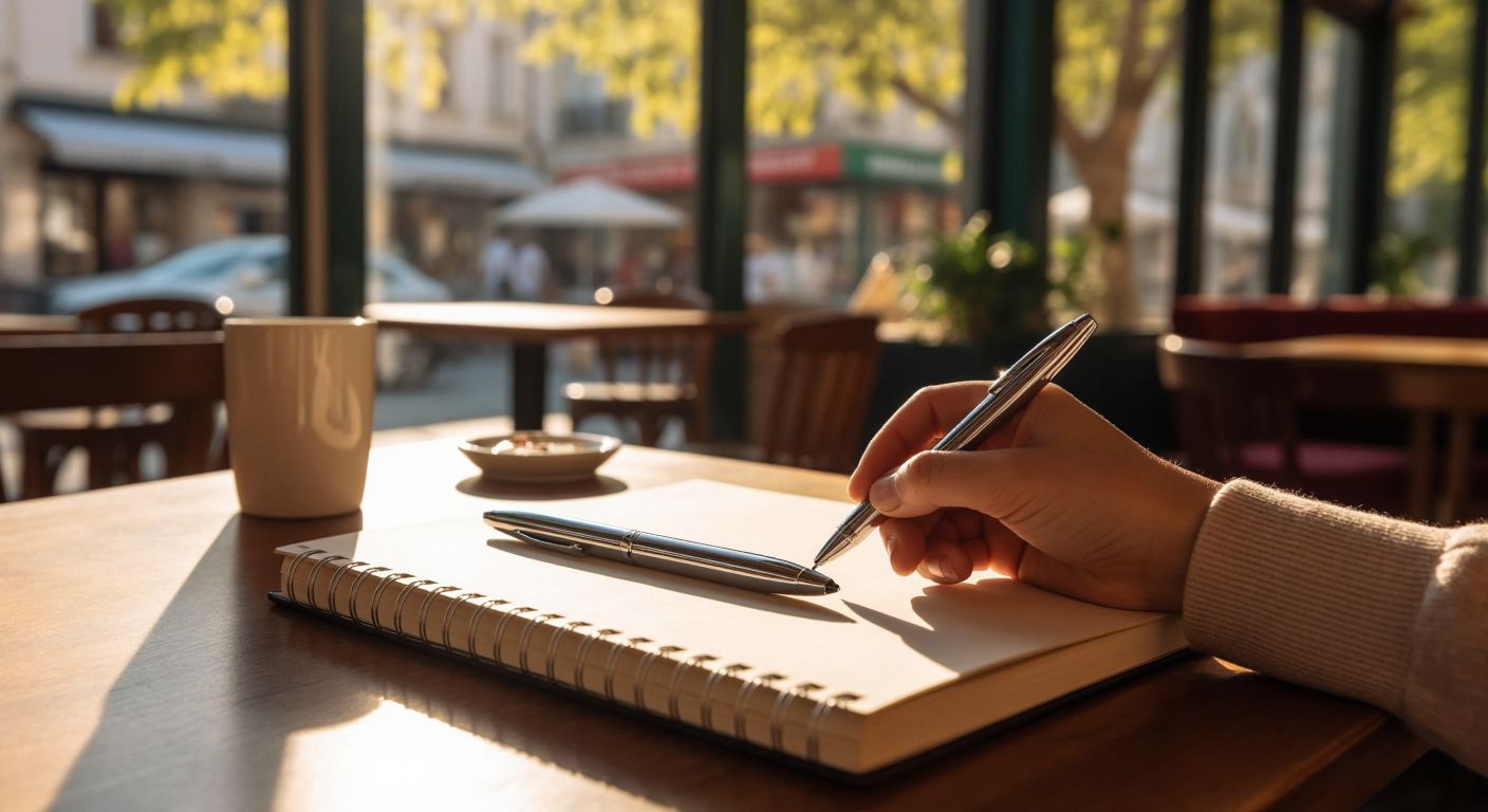 A sleek, ergonomic Scrikss pen rests on a notebook in a sunlit Turkish café, with a hand poised to write comfortably, conveying smooth, effortless writing.