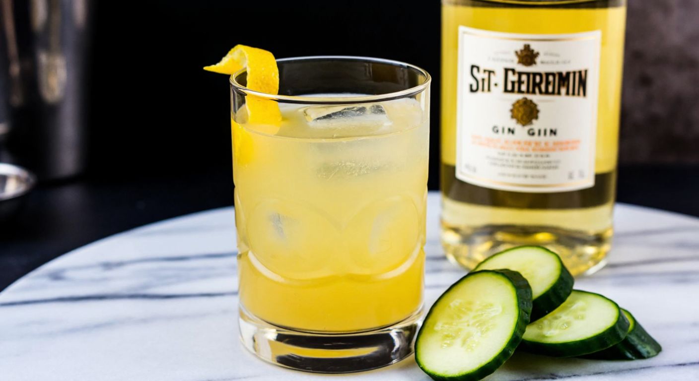 A stylish glass filled with a golden-hued St. Germain cocktail, garnished with a lemon twist, resting on a marble bar beside a bottle of gin and fresh cucumber slices, evoking a sophisticated yet refreshing ambiance.
