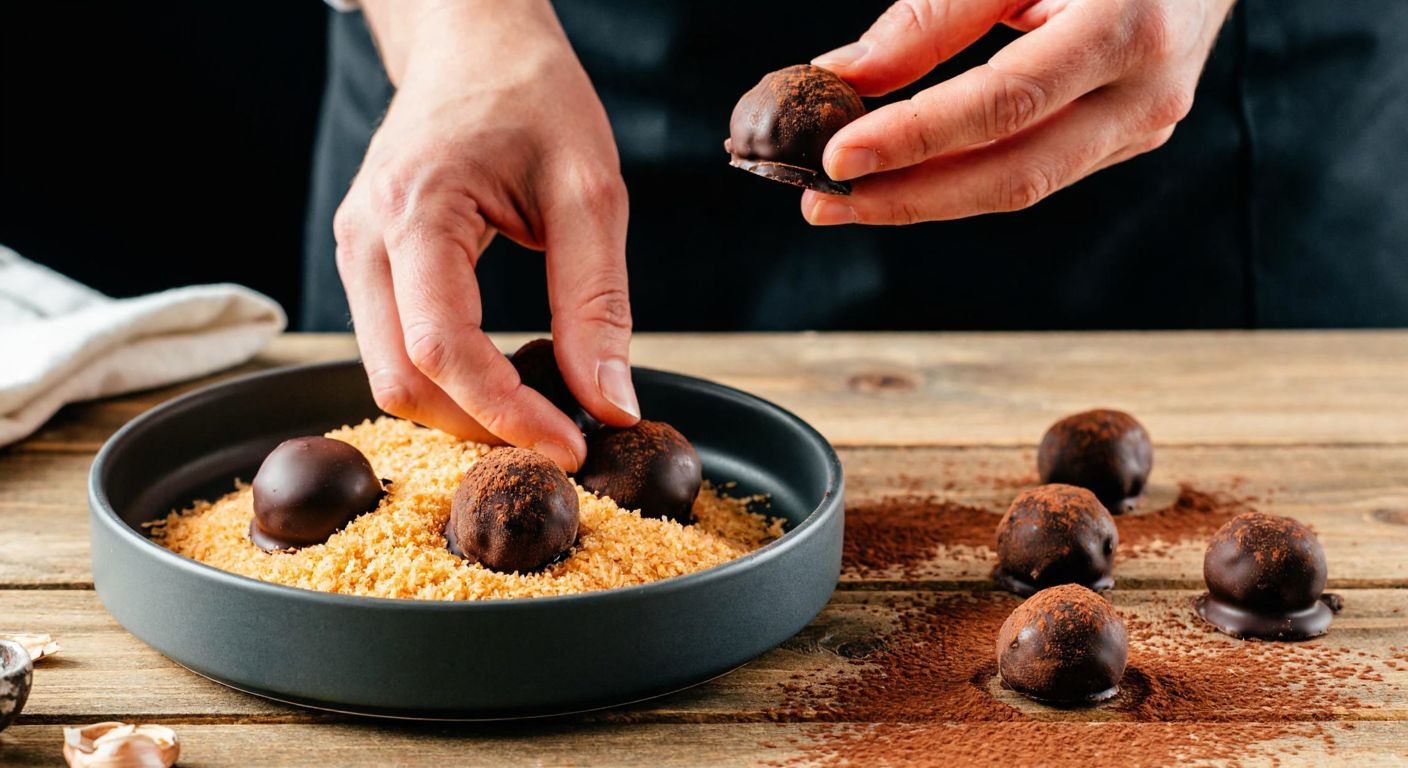 A close-up of a chef's hands delicately rolling dark chocolate truffles in a bowl of fine, golden-brown coconut flakes, with a rustic wooden table and scattered cocoa powder in the background.