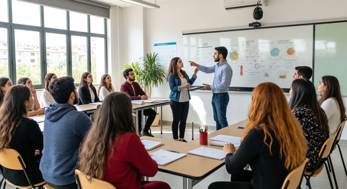A bright classroom in Turkey with diverse students attentively listening to a teacher pointing at a science diagram, while a separate group of professionals engages in a corporate training session nearby.