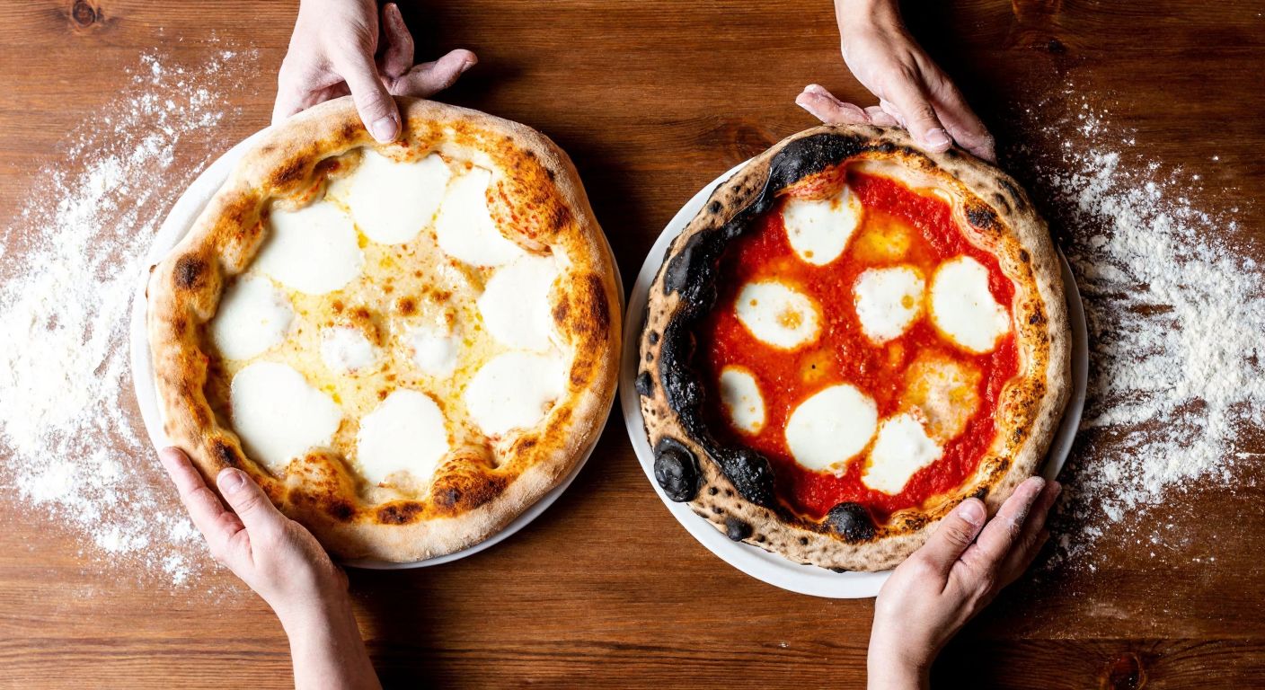A rustic wooden table holds two contrasting pizzas—one with a thick, golden crust (Roman-style) and another with a thin, charred edge (Neapolitan-style), surrounded by flour-dusted hands gesturing toward the difference.