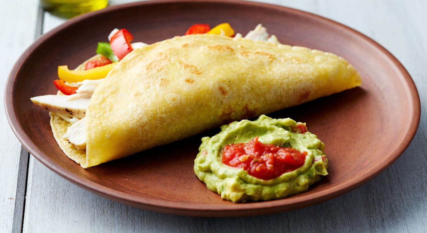 A golden-brown tortilla stuffed with melted cheese, sliced chicken, and colorful bell peppers, served on a rustic wooden plate with a side of creamy guacamole and vibrant red salsa.