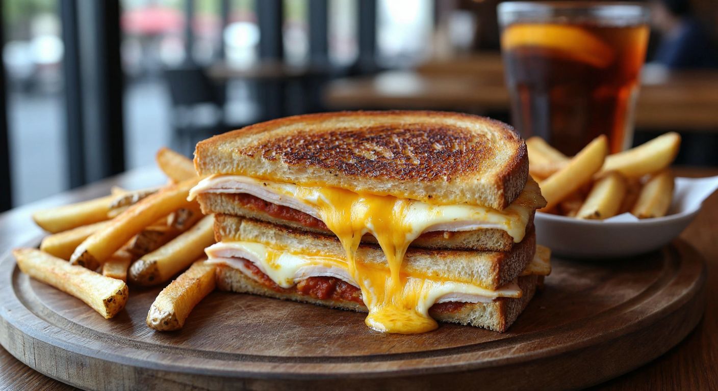 A warm, golden-brown toasted sandwich oozing melted cheese, layered with smoked turkey, sun-dried tomato spread, and egg, served on a rustic wooden board alongside crispy fries and a chilled drink, evoking the cozy ambiance of a Turkish café.