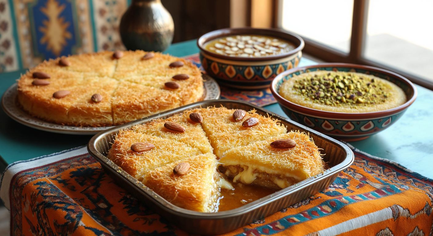 A golden-brown tray of konafa with crispy shredded pastry layers oozing melted cheese and drizzled with syrup, next to a plate of basbousa topped with almonds and a steaming bowl of Umm Ali sprinkled with pistachios, all set on a vibrant Egyptian tablecloth.