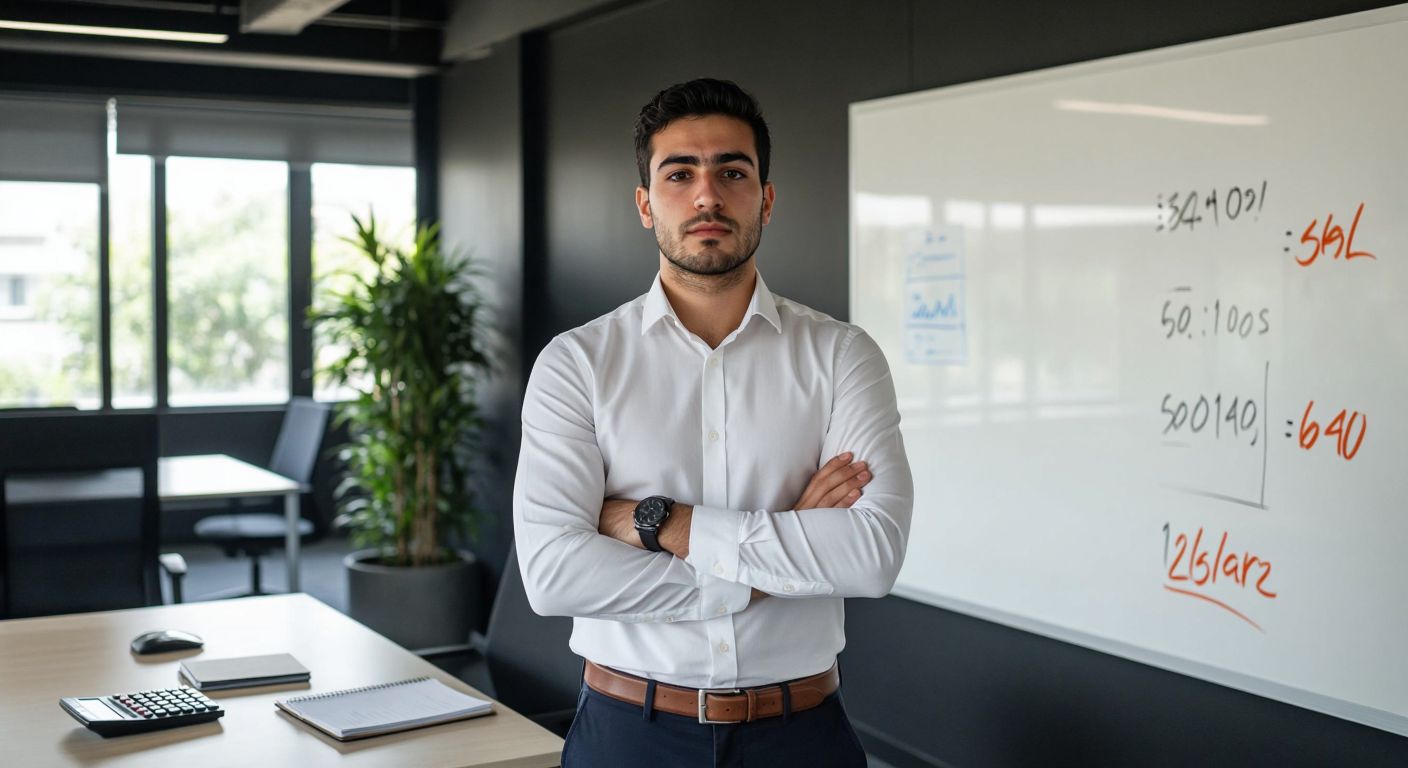 A Turkish office worker in a modern business setting, wearing a crisp white shirt and dark trousers, stands thoughtfully beside a whiteboard covered with simple tally marks representing employee counts, while a calculator and notebook rest on a nearby desk.