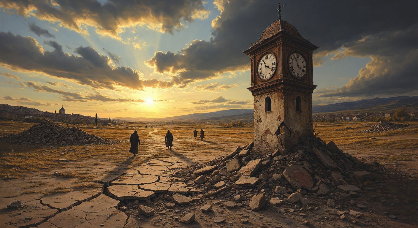 A cracked, sunlit landscape in Çankırı with a lone, weathered clock tower frozen at the moment of impact, surrounded by scattered rubble and distant, anxious figures clutching each other.  

(Note: The clock tower is implied to be frozen in time by damage, not displaying readable numbers or symbols.)