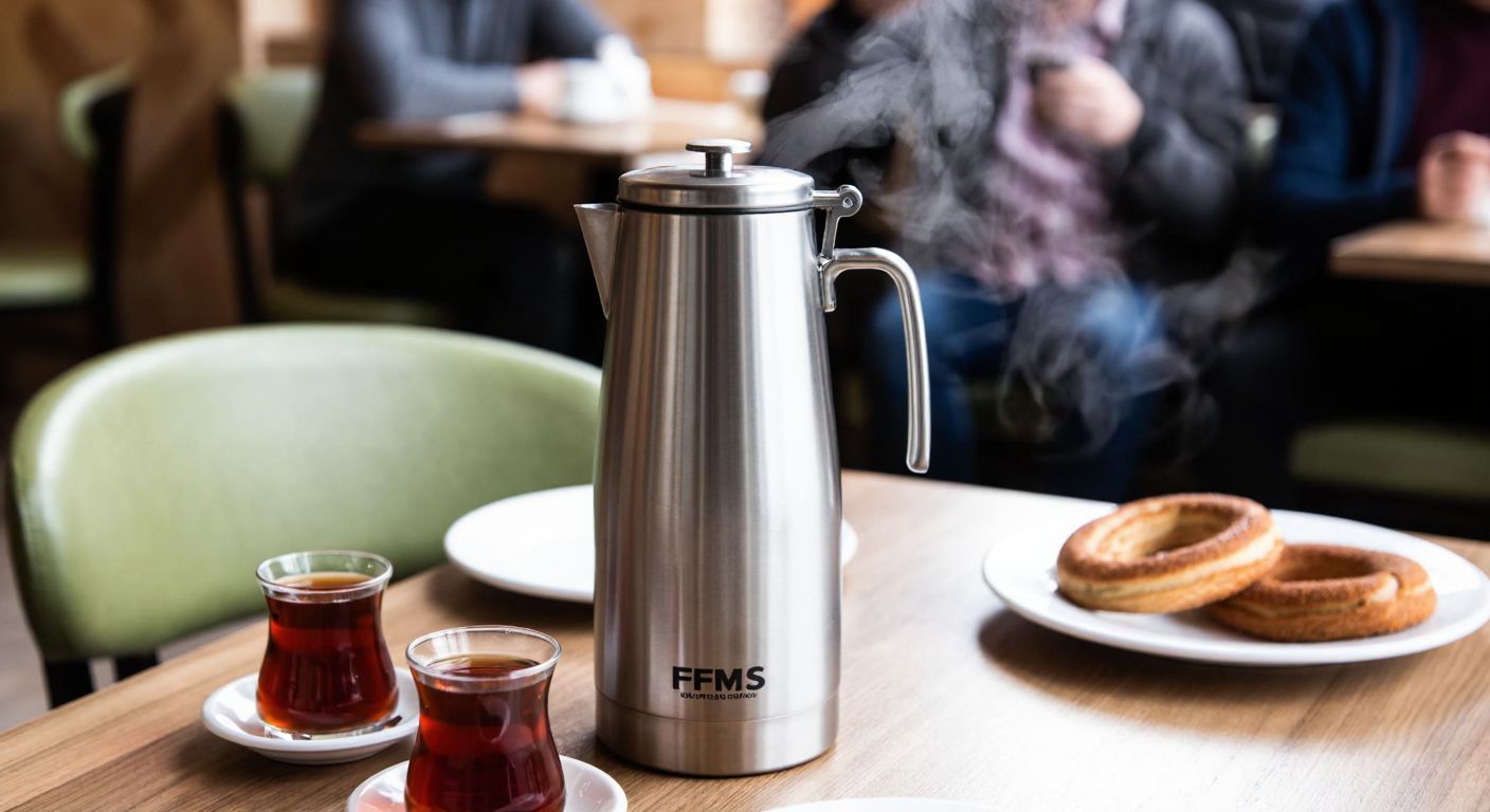 A stainless steel Fms thermos sits on a wooden table in a cozy Turkish café, steam rising from its spout, surrounded by small cups of çay and a plate of simit, with a mix of satisfied and disappointed customers in the background.