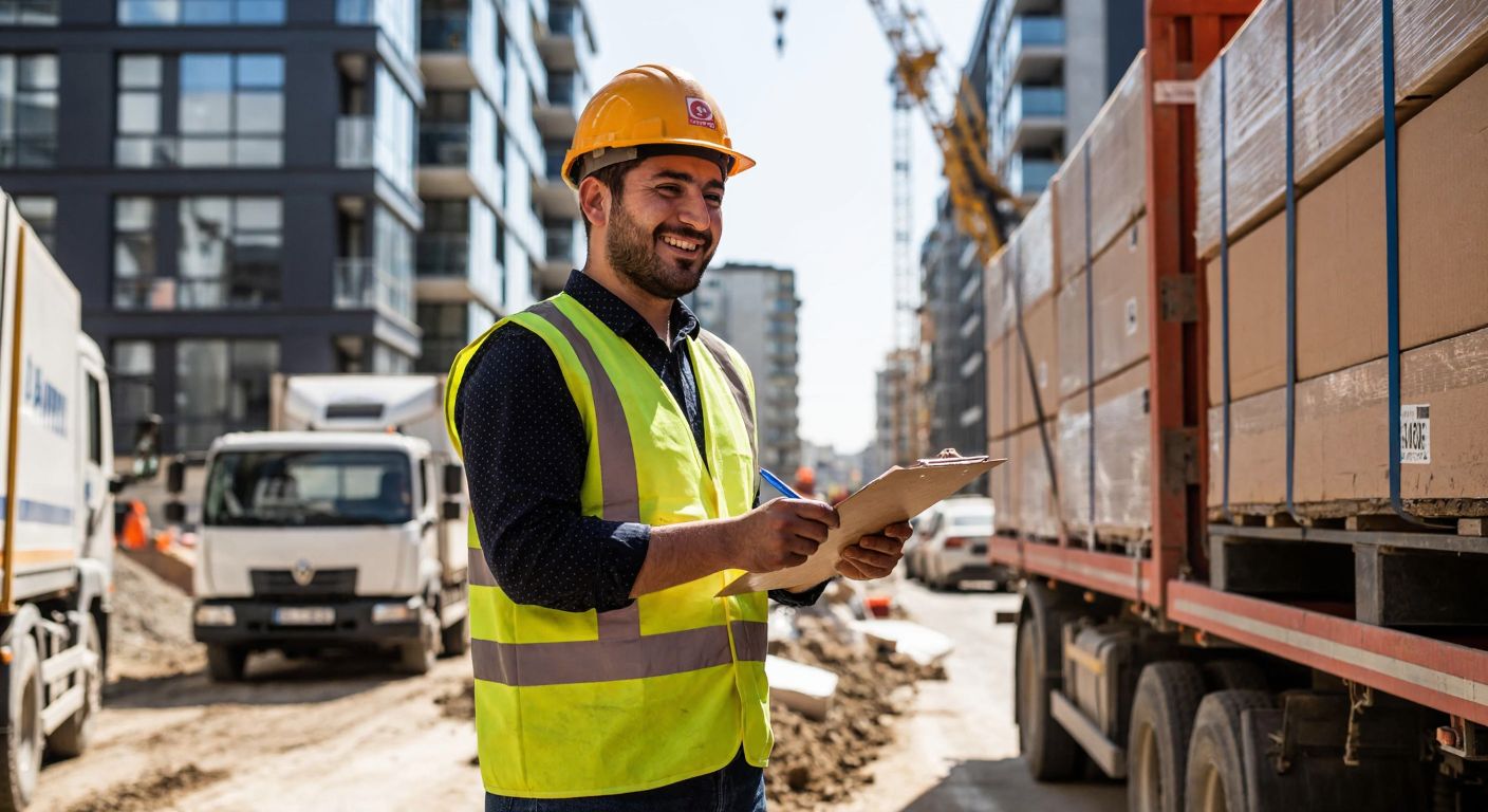 A Turkish construction worker in a hard hat and reflective vest stands beside a loaded truck, smiling as he hands a clipboard with a delivery note to a contractor at a bustling urban construction site under a bright sun.