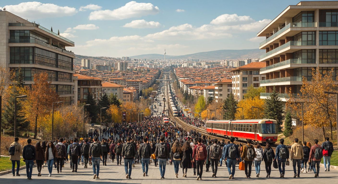 A bustling Ankara cityscape with modern government buildings, crowded streets of diverse people, students carrying books near a university, and a distant view of high-speed trains passing through the urban sprawl.