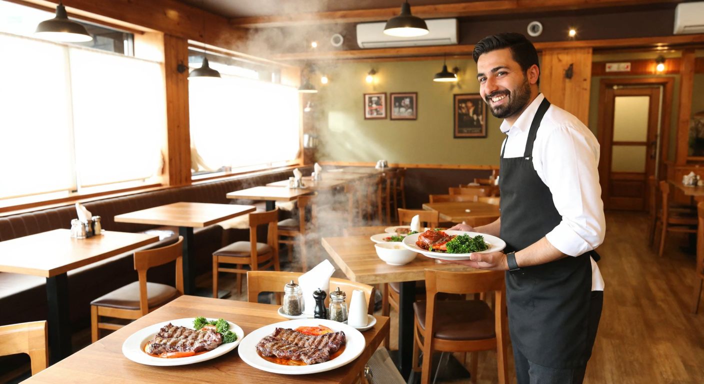 A cozy Turkish restaurant interior with wooden tables, steaming plates of grilled meat dishes, and a smiling waiter shaking his head politely to indicate no alcohol is served.