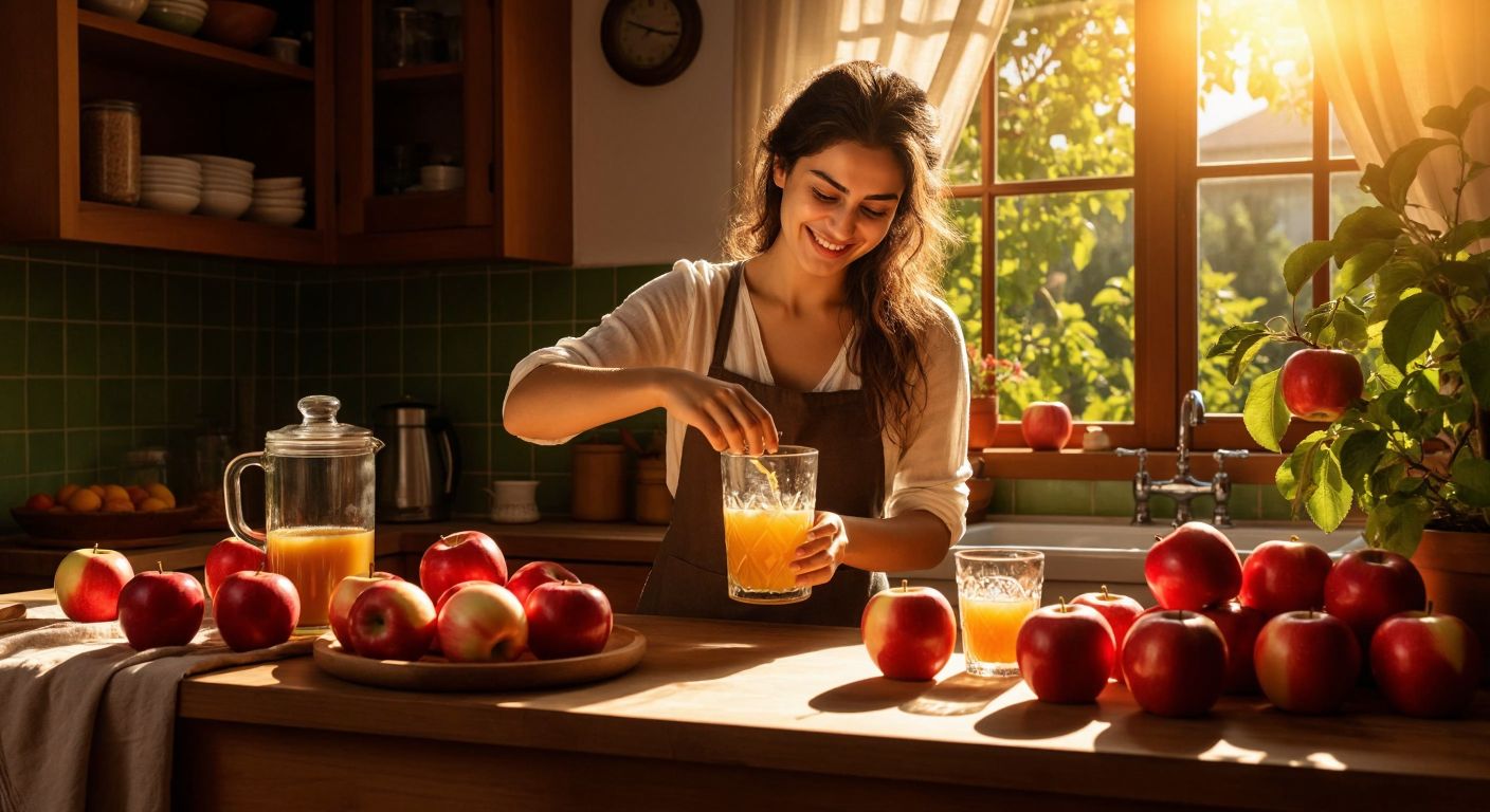 A Turkish woman in a sunlit kitchen smiles as she pours freshly squeezed apple juice from a glass pitcher into a small tulip-shaped glass, surrounded by bright red apples and a juicer on a wooden counter.