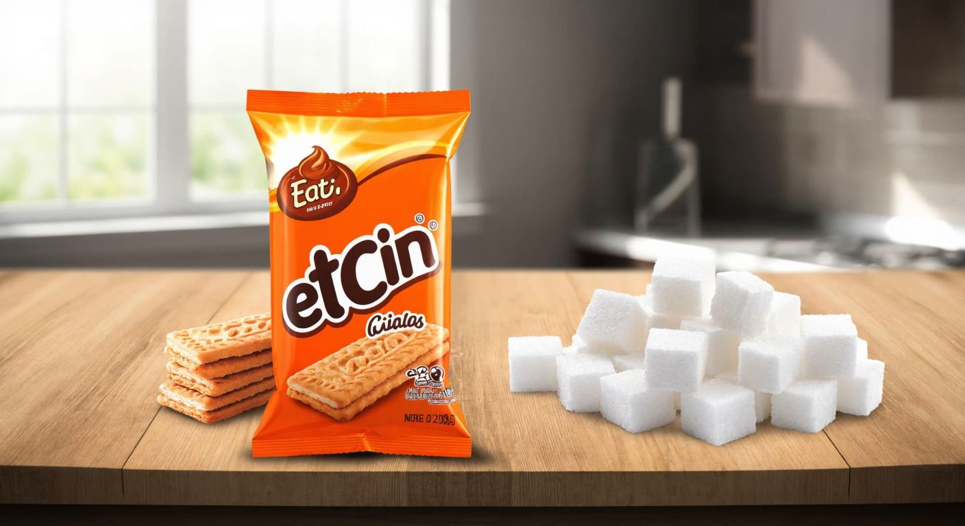 A bright orange package of Eti Cin biscuits sits on a wooden table beside a small pile of sugar cubes, with sunlight streaming through a nearby window.