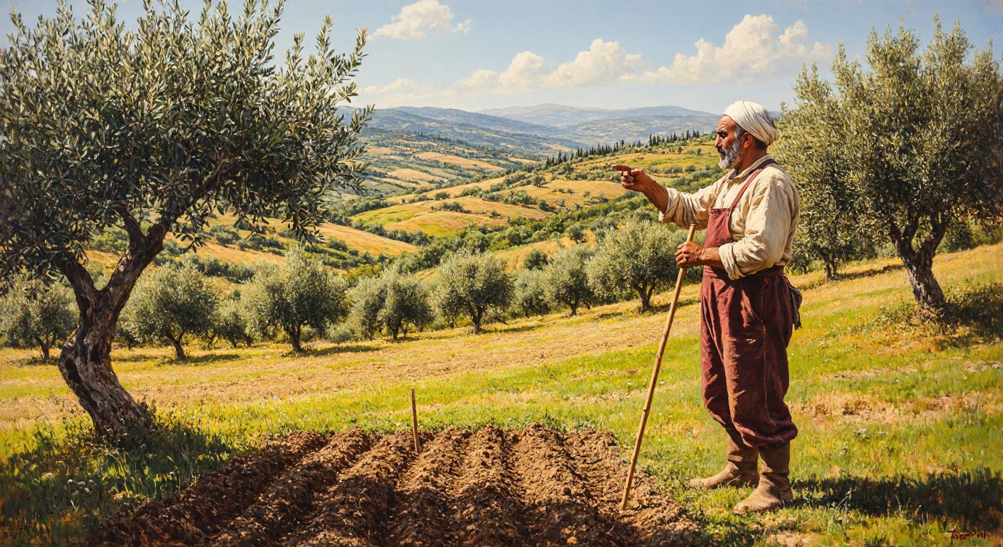 A traditional Turkish farmer standing in a sunlit field, gesturing toward a measured plot of land with a wooden measuring stick, surrounded by olive trees and distant rolling hills.