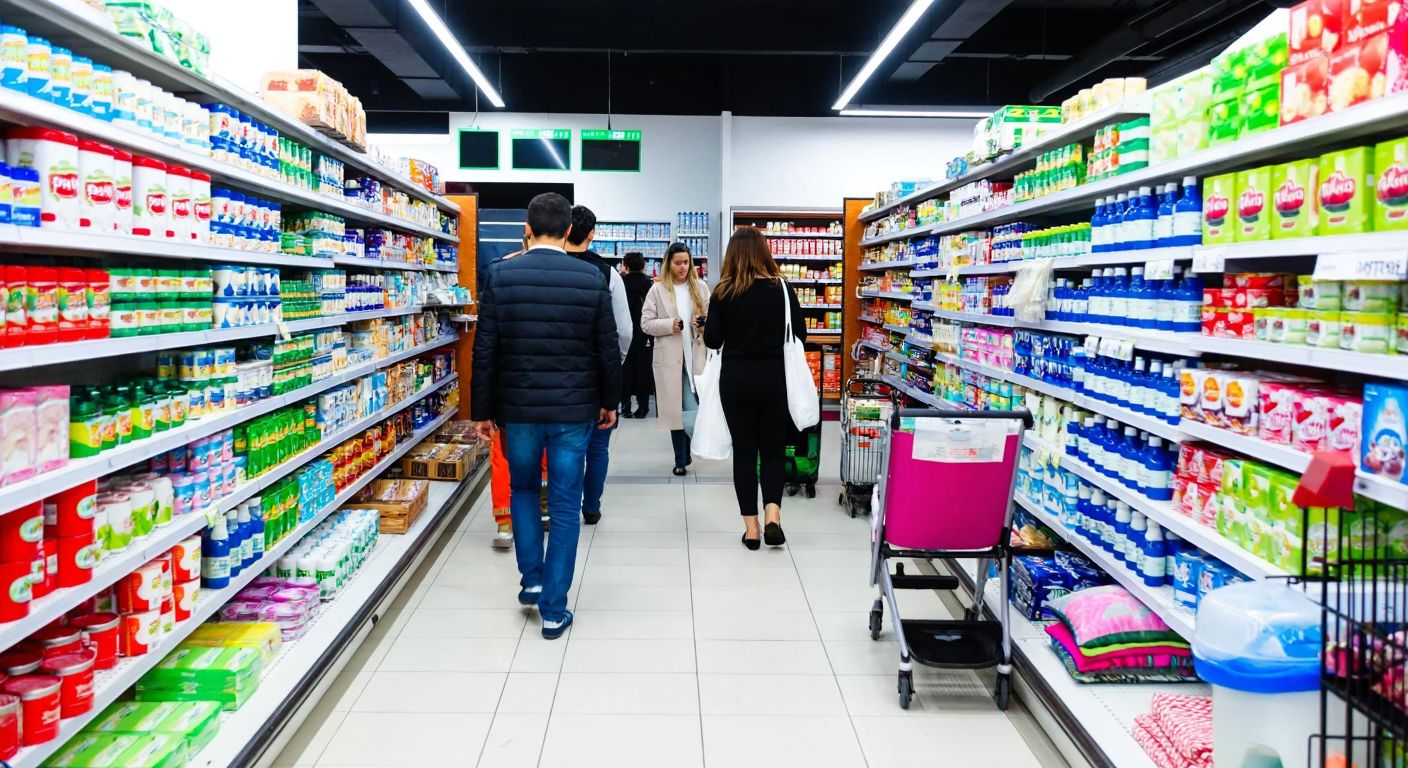 A bustling BİM supermarket aisle in Turkey, with shelves neatly stocked with discounted personal care products, dairy items like yogurt and labneh, aşure ingredients, and colorful home decor items like beach mats and cushion covers, while shoppers browse with excitement.