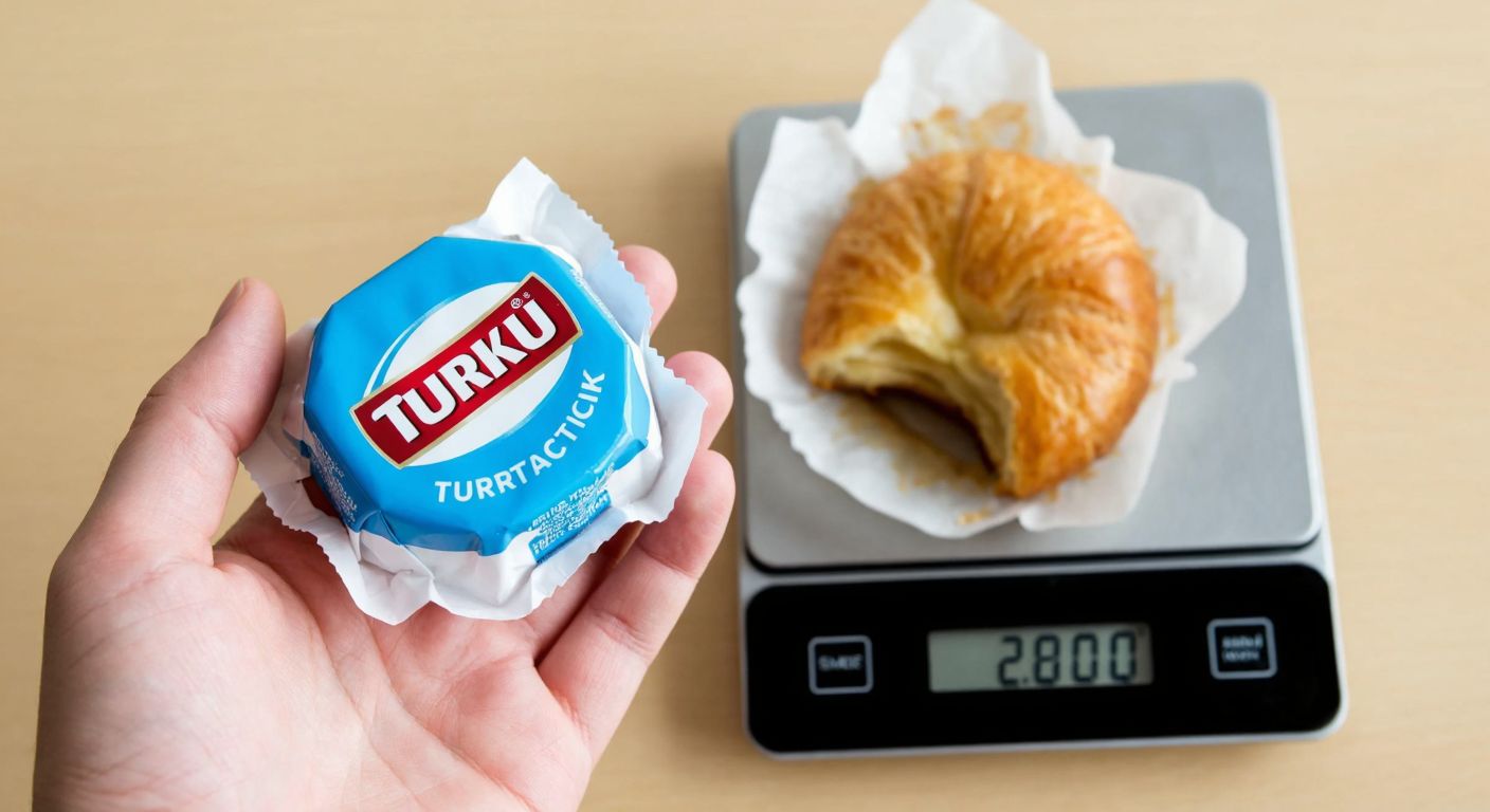 A hand holding a small, crinkly blue-and-white package of Torku Turtacık next to a digital kitchen scale showing 102 grams, with a warm, golden pastry peeking out from the torn wrapper.