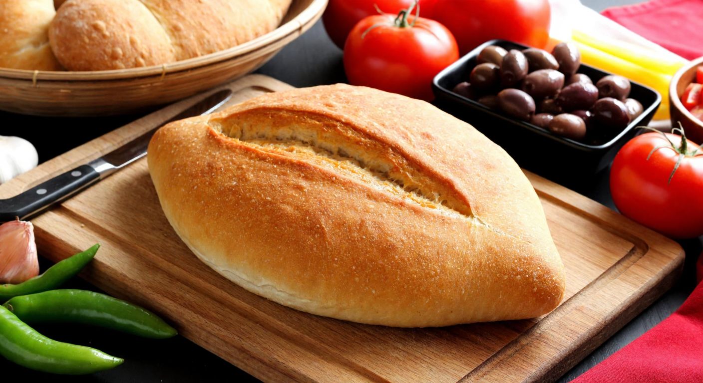 A warm, golden-brown loaf of *halk ekmeği* sits on a wooden cutting board, surrounded by fresh vegetables and olives, evoking a wholesome Turkish breakfast scene.
