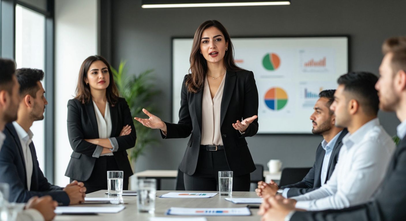 A confident Turkish businesswoman in a sleek blazer stands at the head of a modern meeting table, gesturing assertively while diverse professionals listen attentively, with a university diploma and a strategic plan visible on the table.
