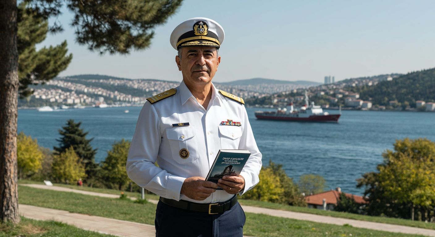 A retired Turkish admiral in a crisp white naval uniform stands confidently on a university campus, holding a book about maritime geopolitics, with the Bosphorus Strait shimmering in the background.