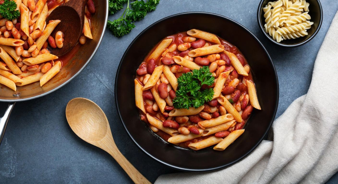 A rustic Turkish kitchen table set with a steaming plate of barbunya (red kidney beans) and penne pasta in a rich tomato sauce, garnished with fresh parsley, alongside a wooden spoon and a bowl of fusilli spirals.