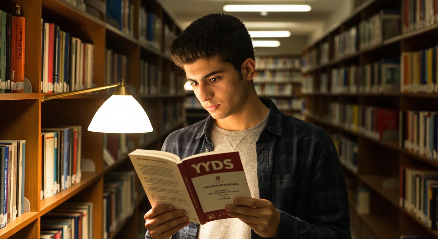 A young Turkish student in a library, holding an old and a new version of the YDS exam booklet, looking thoughtful while comparing them under warm lamplight.