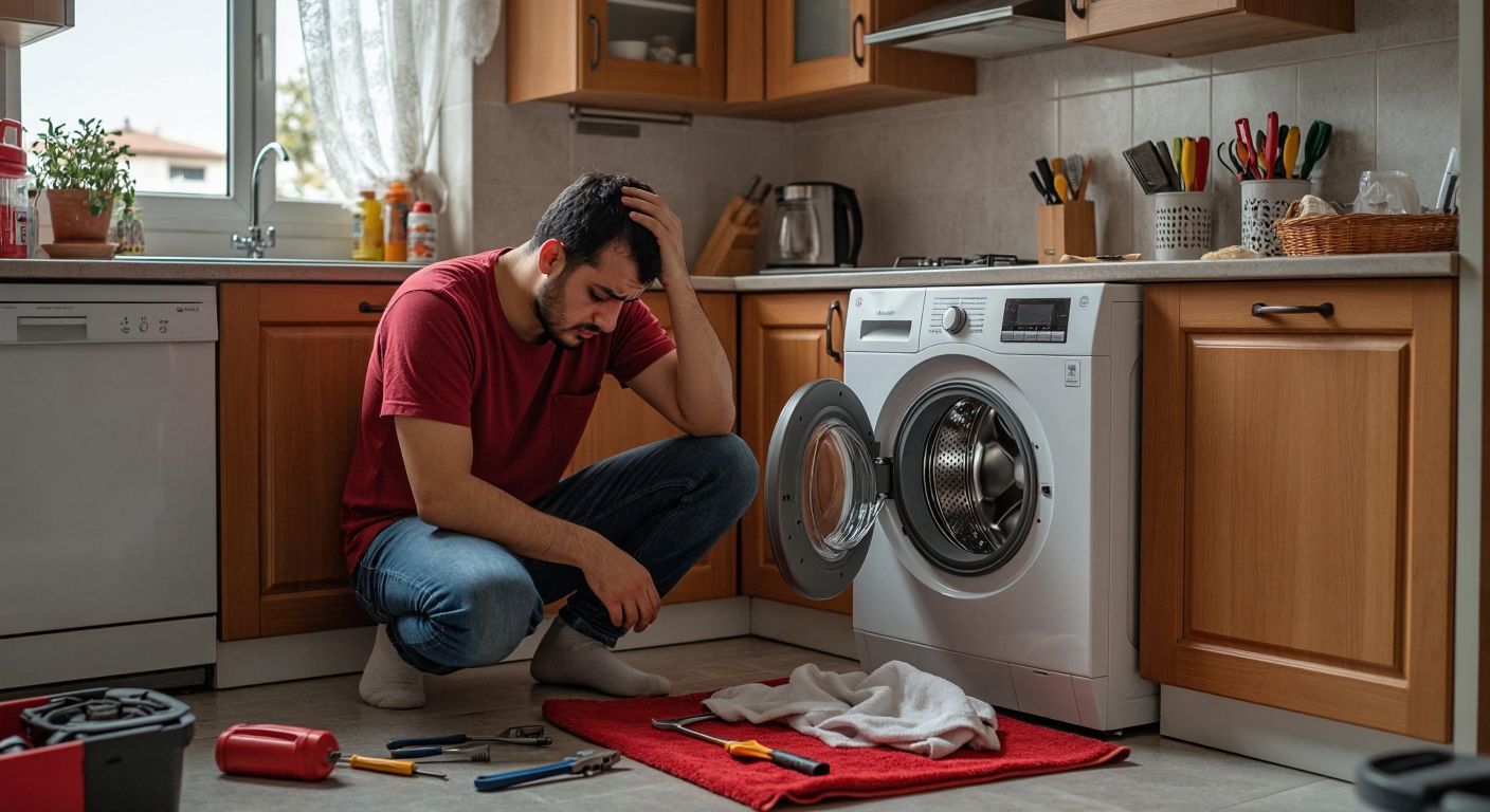 A frustrated Turkish homeowner in a modest kitchen kneels beside a Bosch washing machine, scratching their head while inspecting its open panel, with scattered tools and a damp cloth nearby.