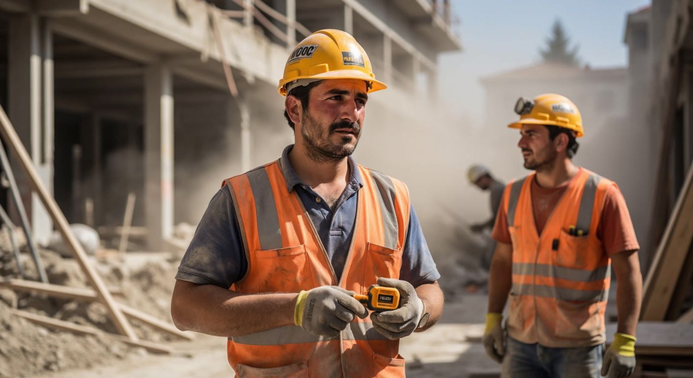 A Turkish construction worker in a dusty worksite, holding an Ingco tape measure with a thoughtful expression, while another worker nods approvingly nearby.