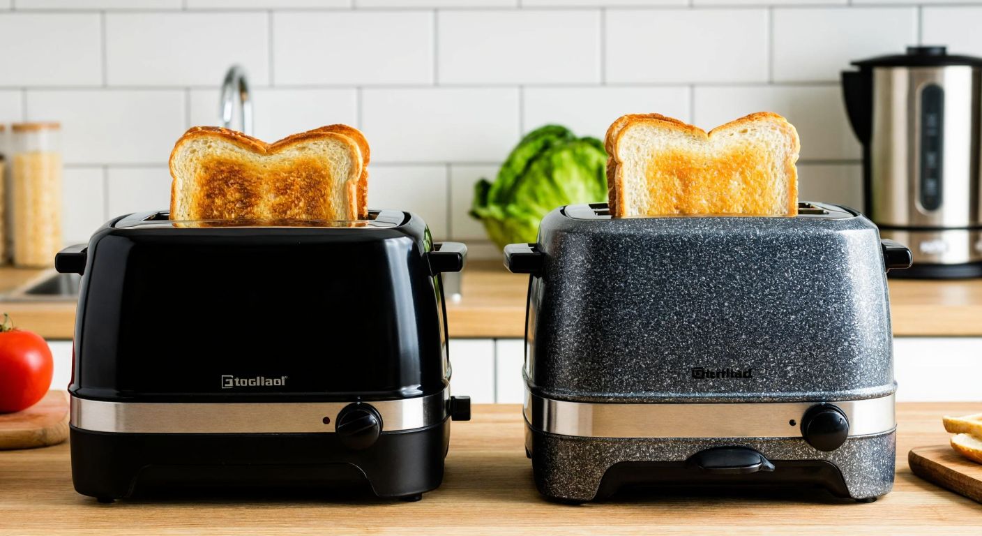 A modern kitchen counter in Turkey holds two toasters side by side—one with a rugged cast-iron plate and the other with a sleek granite-coated surface—while golden-brown toast sizzles inside, filling the air with a warm, buttery aroma.