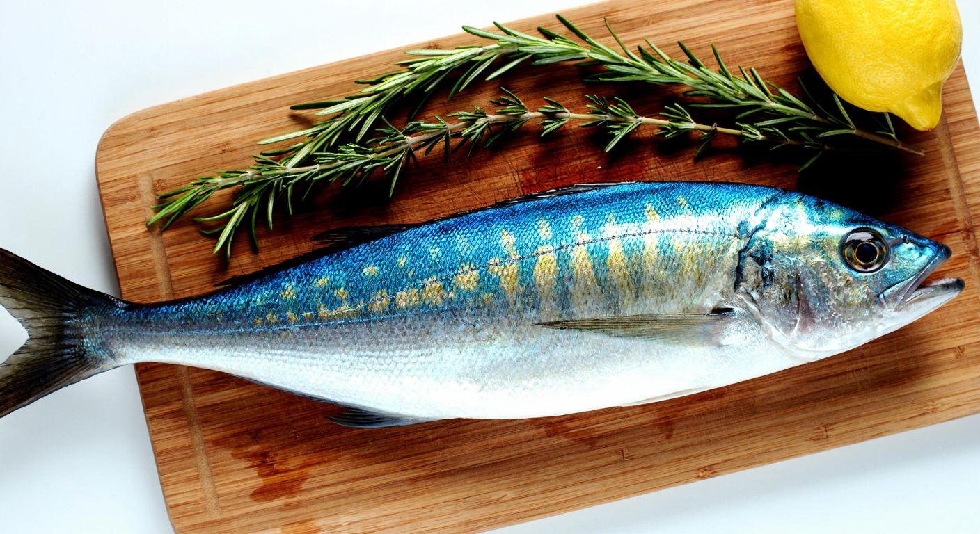 A vibrant mahi-mahi fish with iridescent blue and gold scales lies fresh on a wooden cutting board beside a lemon and sprigs of rosemary, evoking a Mediterranean seaside kitchen.