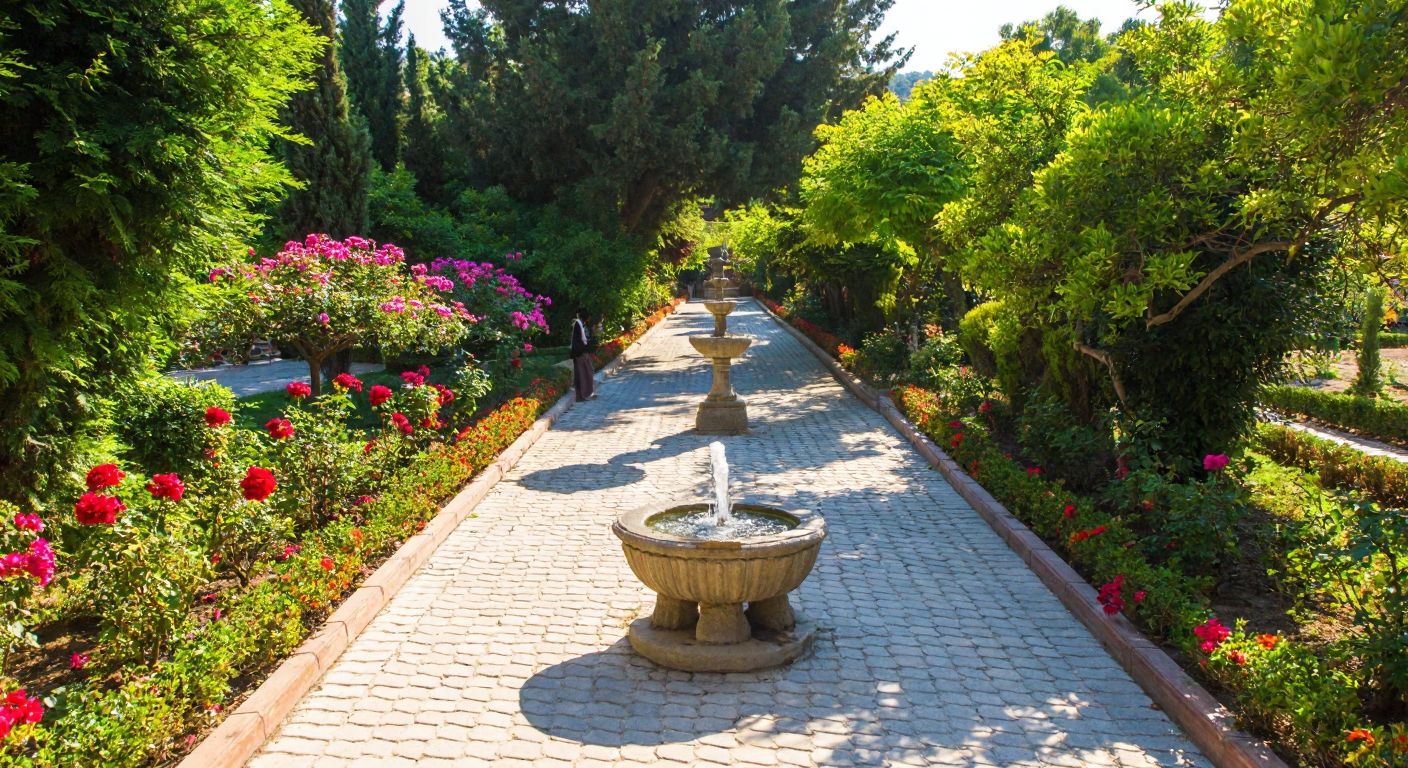 A sunlit cobblestone pathway winds through a lush Turkish garden, bordered by vibrant flowers and leading to a traditional stone fountain.