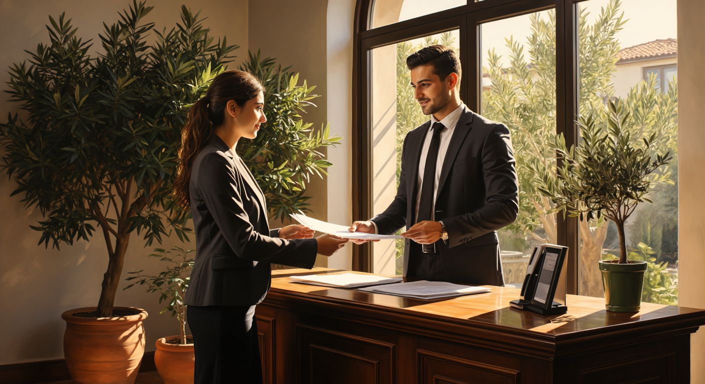 A young Turkish adult in business attire confidently hands over documents to a bank officer across a polished wooden counter, while a warm sunlight filters through the window onto a potted olive tree nearby.