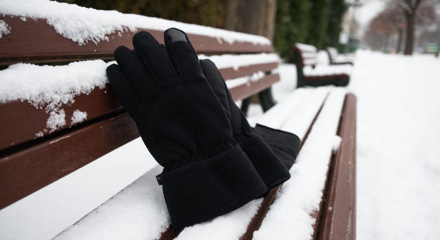 A pair of thick black polar gloves with a snug elastic wristband, resting on a snowy Istanbul park bench, evoking warmth and comfort in winter.