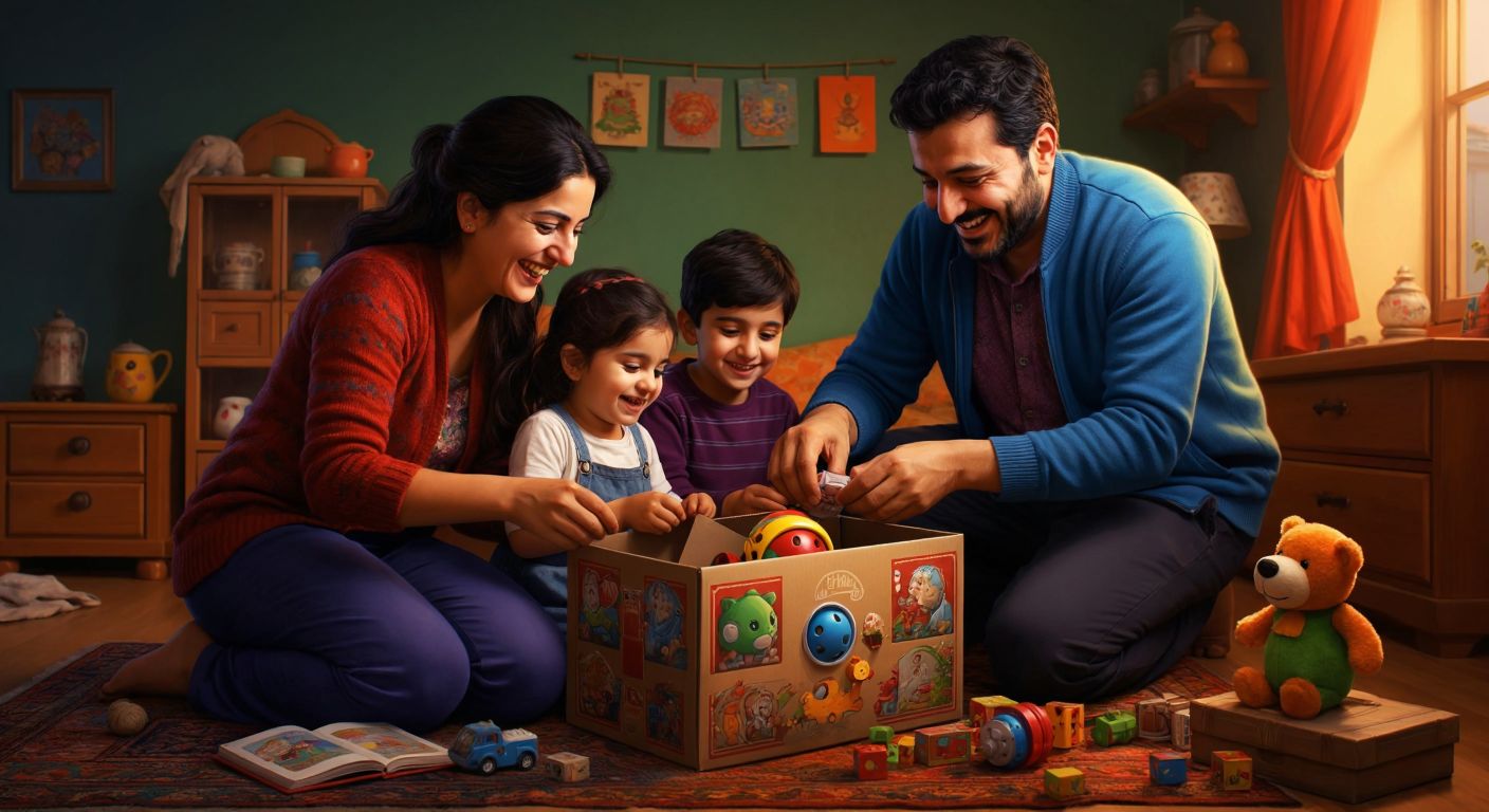A cheerful Turkish family carefully repacks a colorful toy in its original box, with a calendar showing seven days marked and a satisfied smile on their faces.