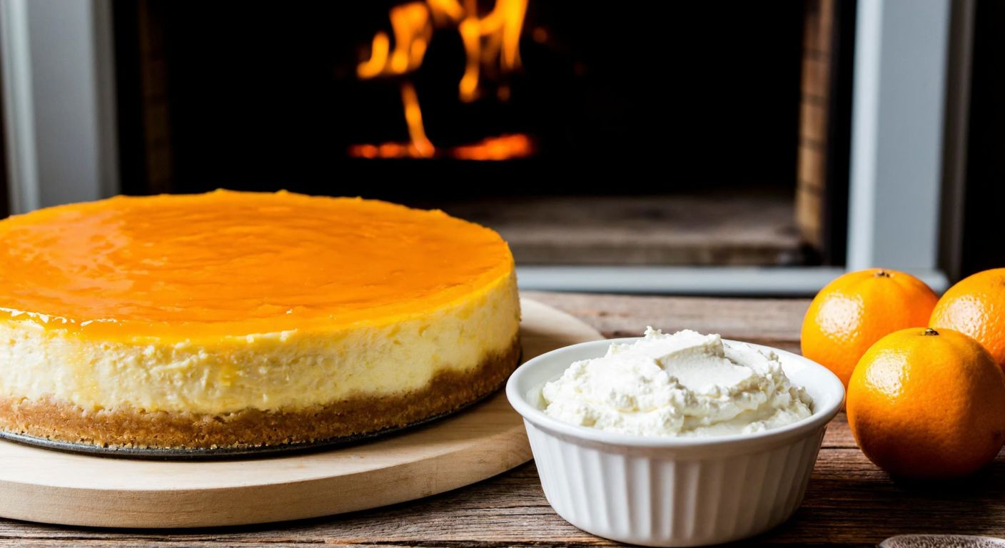 A golden-orange cheesecake with a thick biscuit base, topped with glossy orange sauce, sits on a rustic wooden table next to a bowl of fresh labneh cheese and a few whole oranges, with a warm oven glowing faintly in the background.