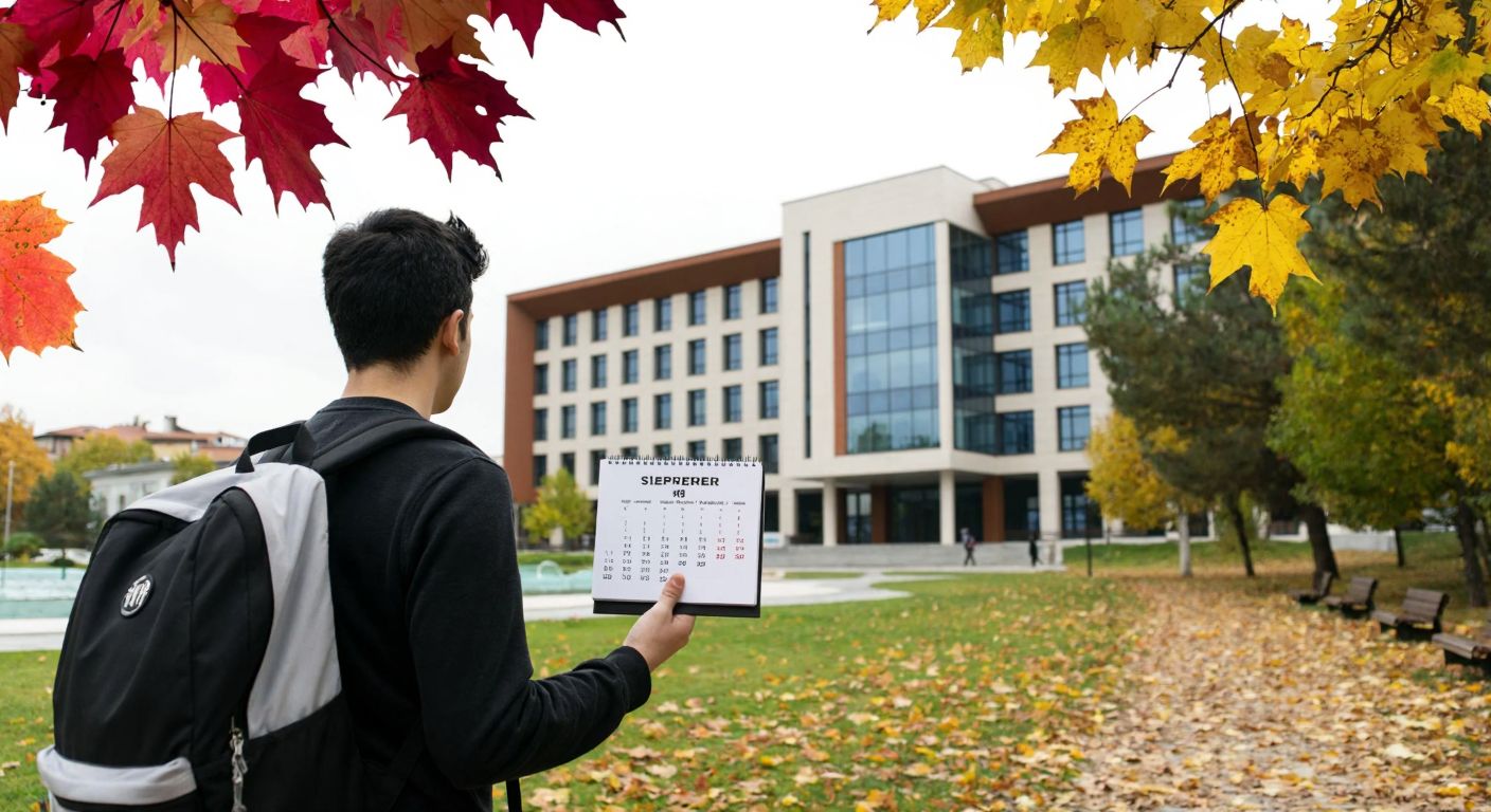 A young student with a backpack stands in front of Istanbul Rumeli University's modern campus, holding a calendar with a page turned to September, surrounded by autumn leaves.