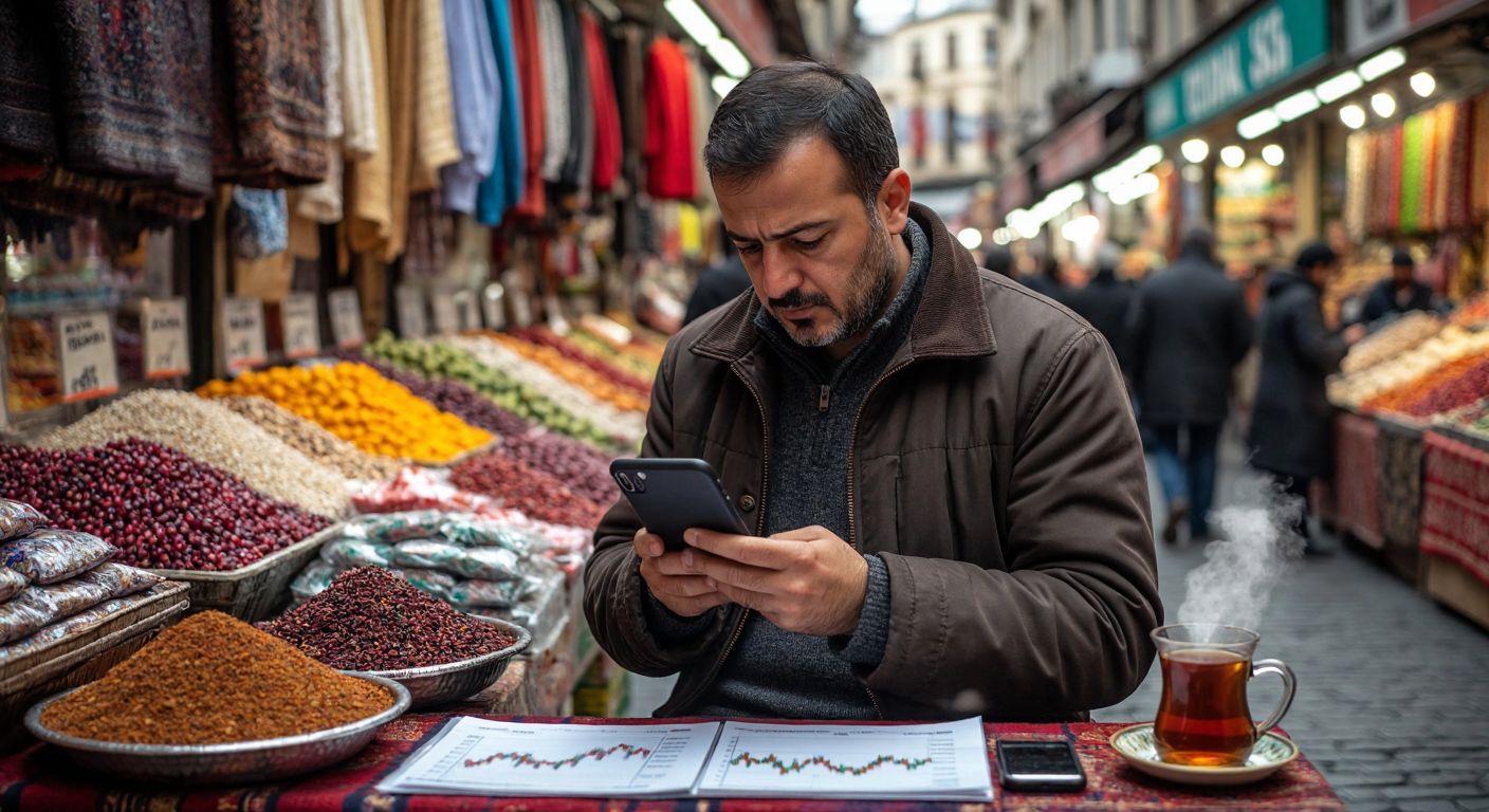 A Turkish trader in a bustling Istanbul bazaar intensely studies a stock chart on his phone, surrounded by colorful market stalls, with a focused expression and a steaming cup of Turkish tea nearby.